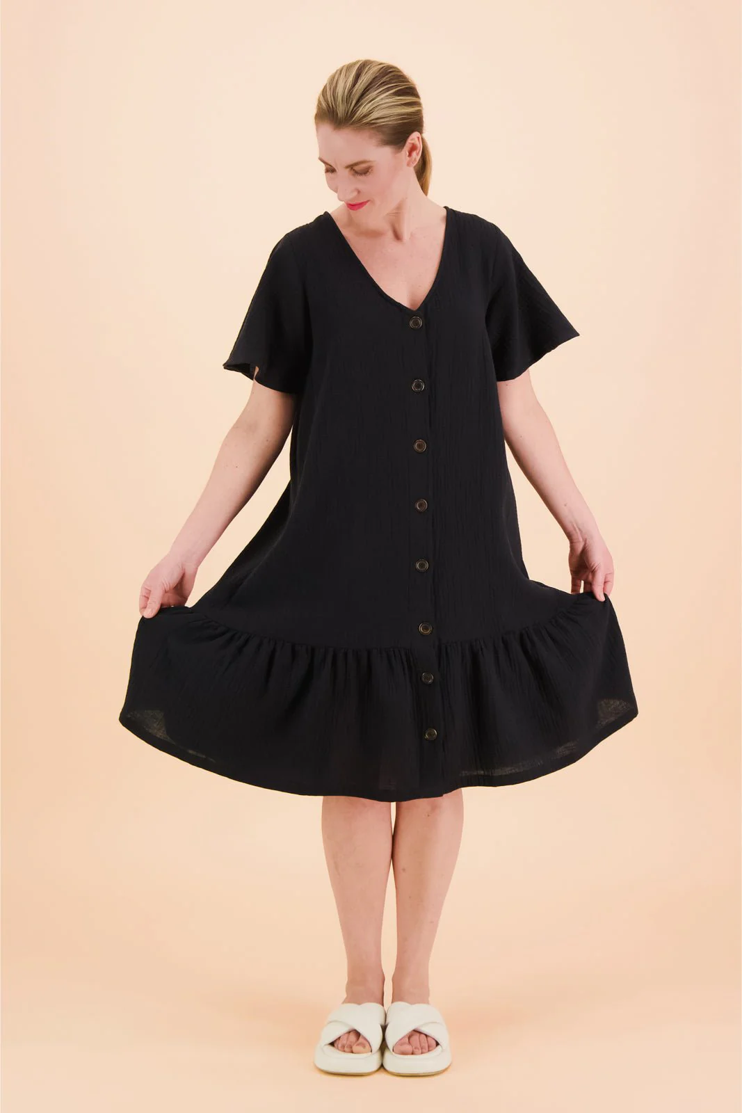 Frill Button Dress, Black - Image 3