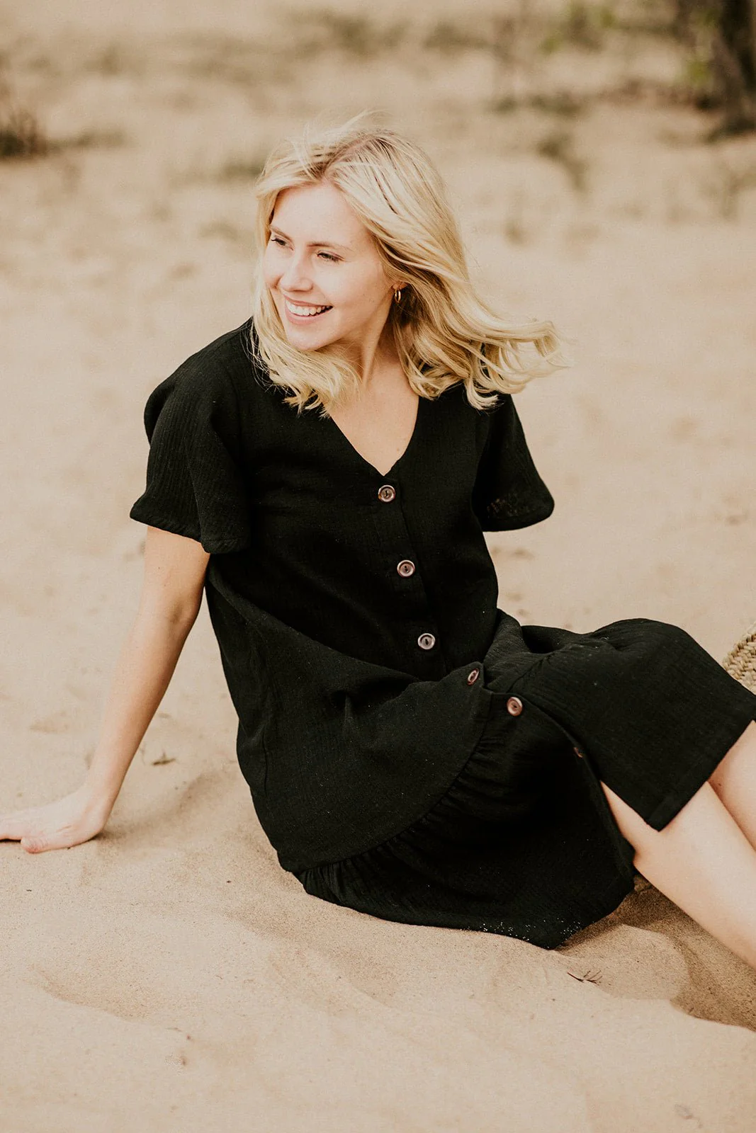 Frill Button Dress, Black - Image 4