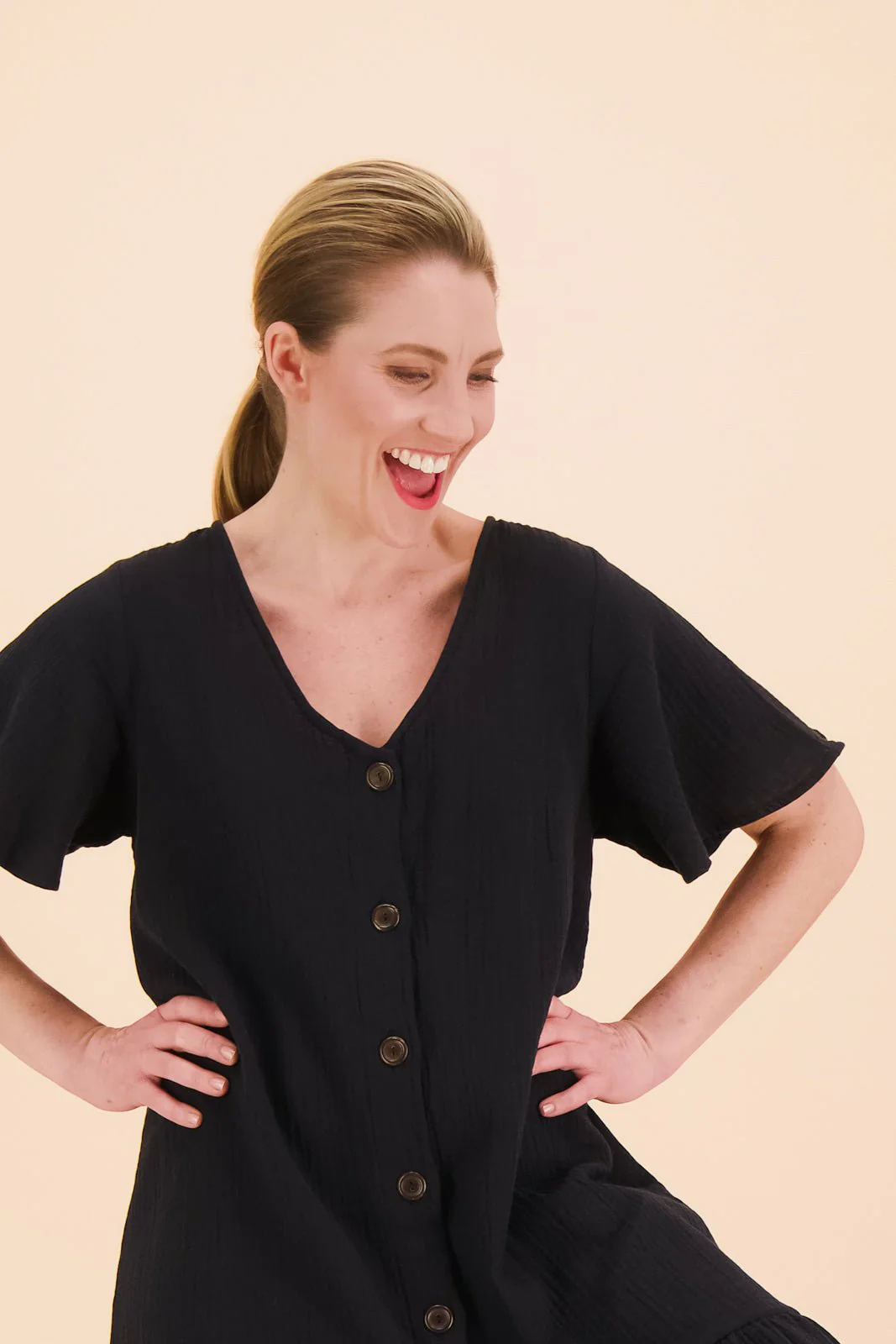 Frill Button Dress, Black - Image 5