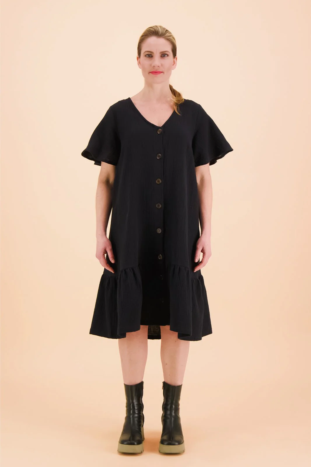 Frill Button Dress, Black - Image 6