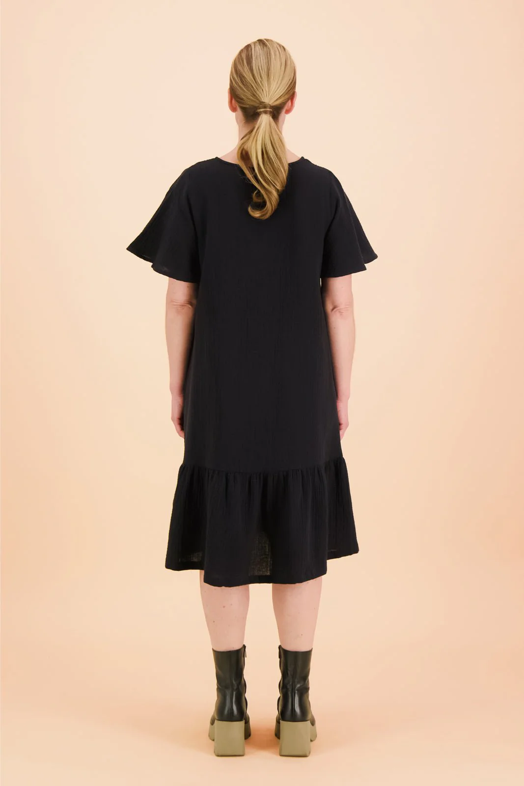 Frill Button Dress, Black - Image 7