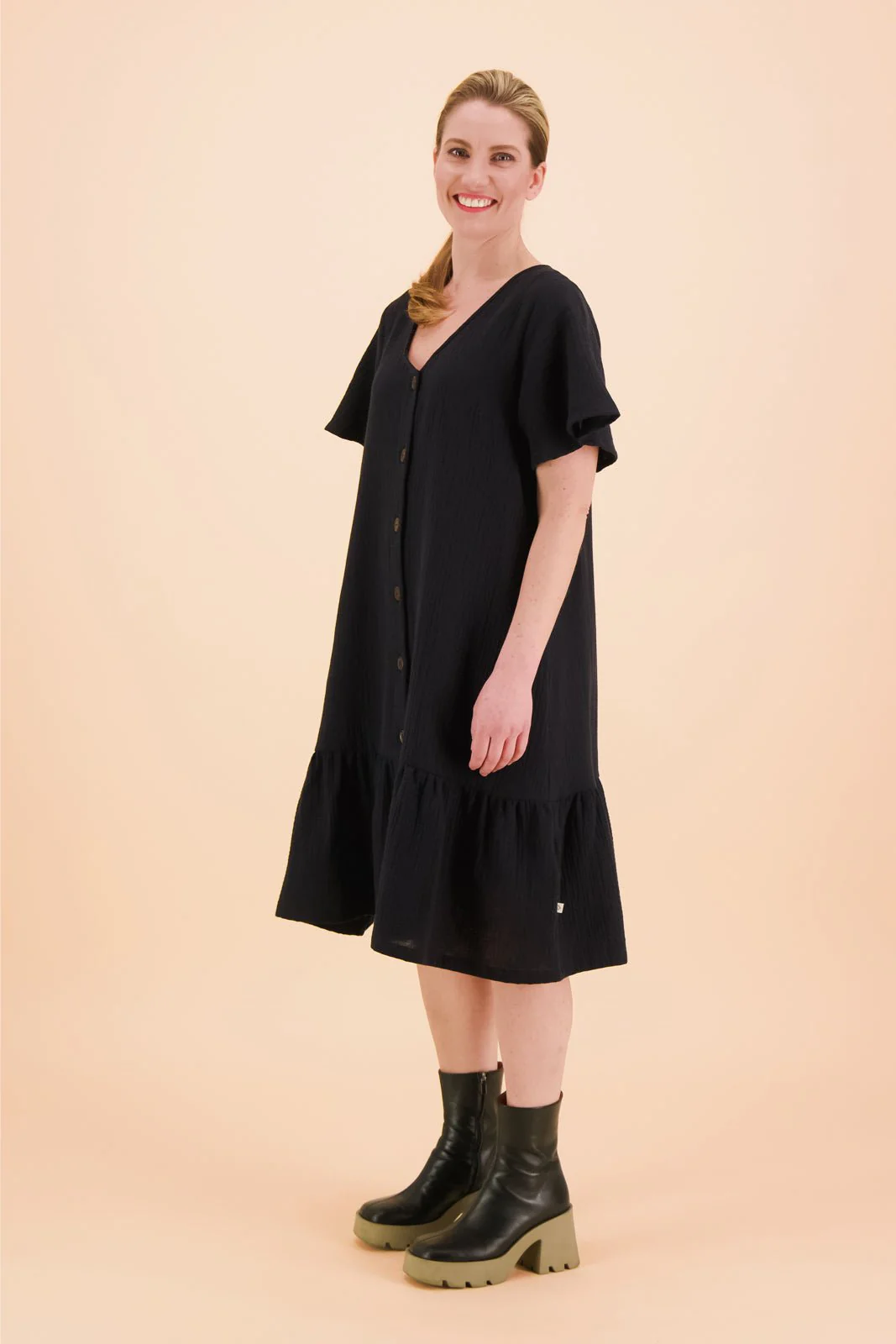 Frill Button Dress, Black - Image 8