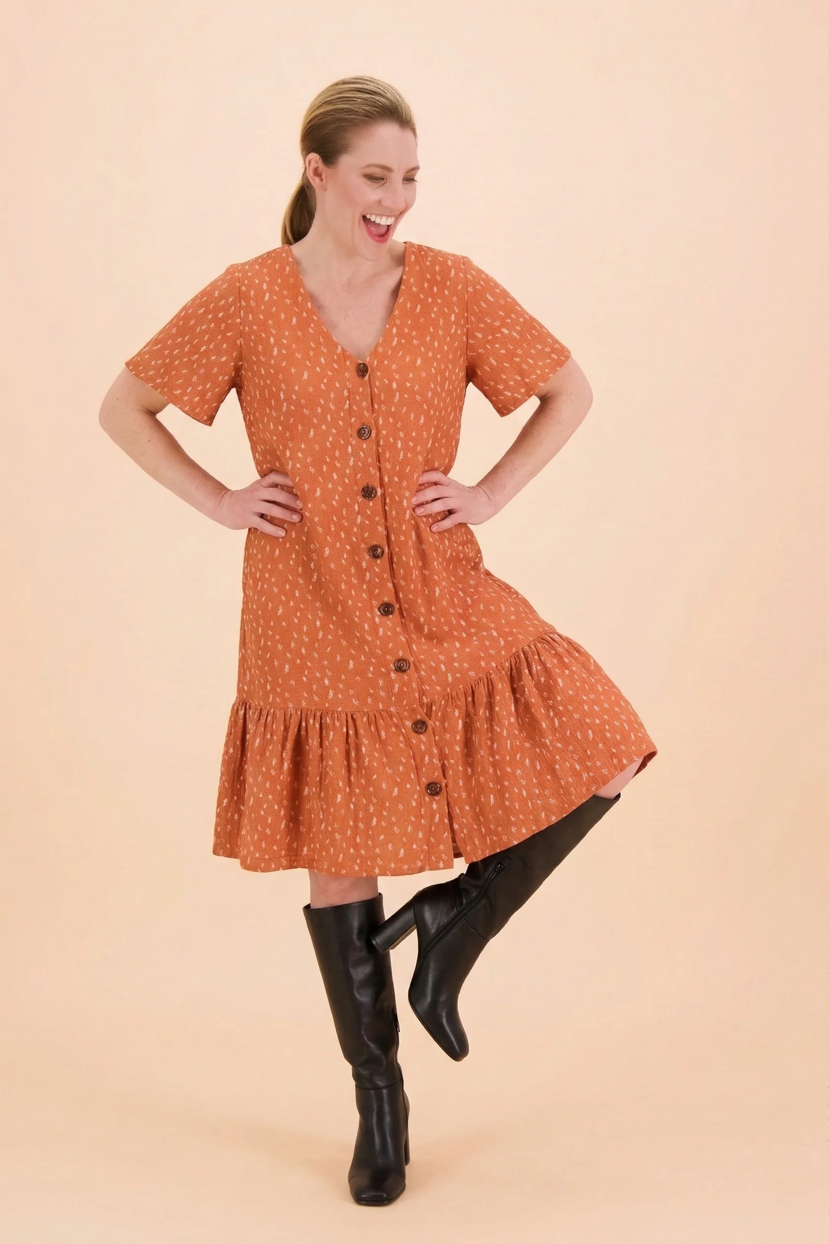 Frill Button Dress, Vintage Leaf - Image 9