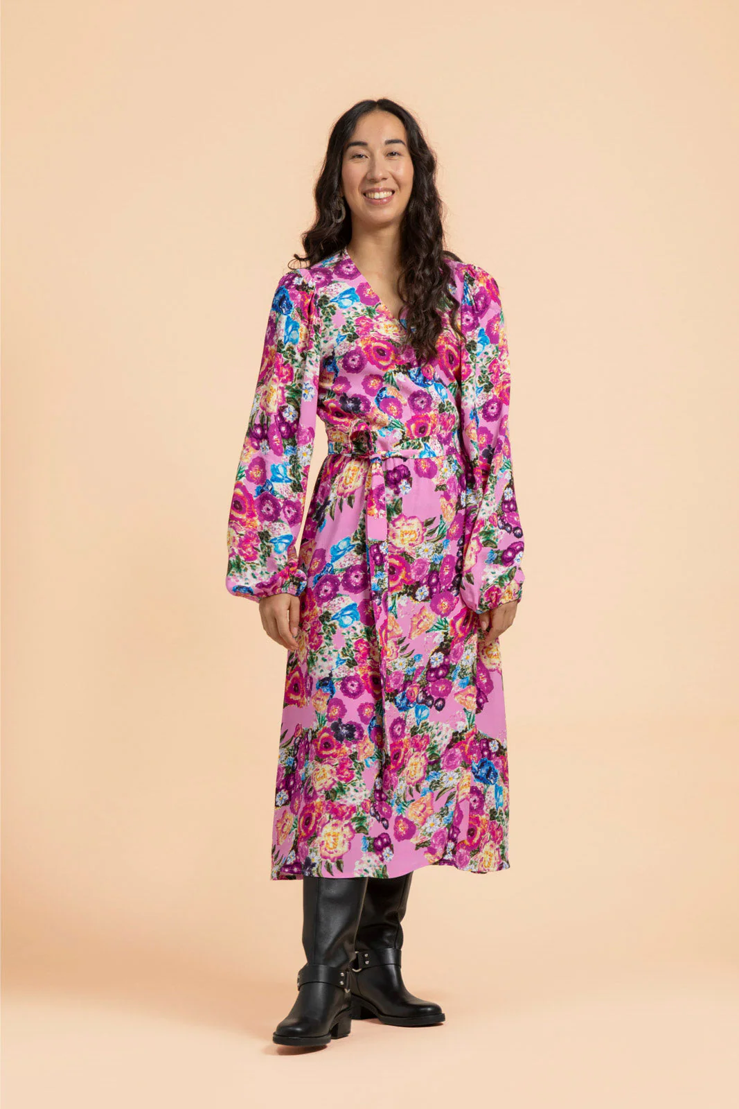 Wrap Midi Dress, Pink Marigold - Image 4